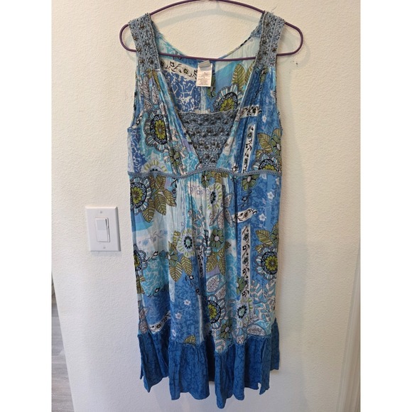 Forbidden Dresses & Skirts - Forbidden Tank Dress Sz M Beaded Floral Blue Boho Vacation Resortwear Tie Back